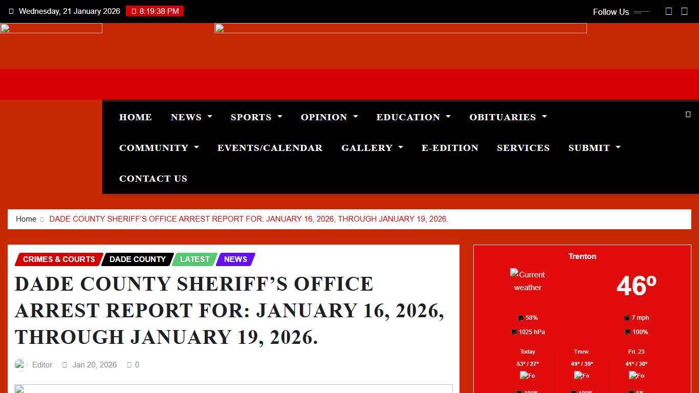 DADE COUNTY SHERIFF’S OFFICE ARREST REPORT FOR: JANUARY 16, 2026, THROUGH JANUARY 19, 2026. – Trenton Daily News