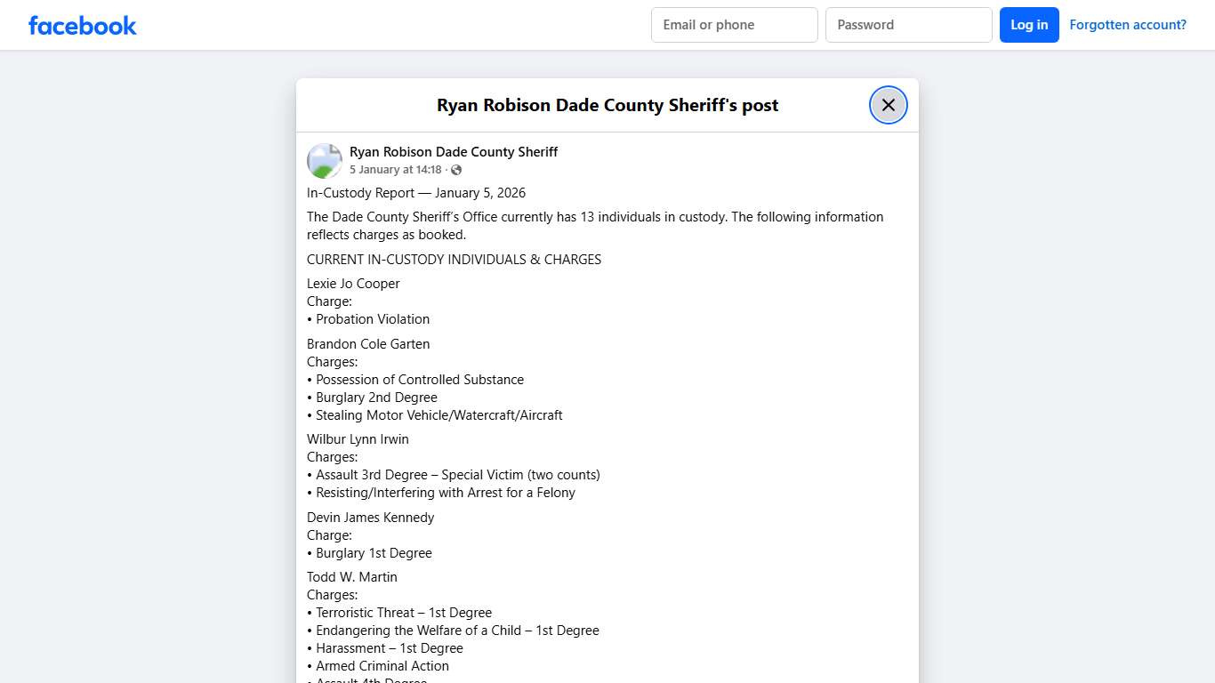 In‑Custody Report —... - Ryan Robison Dade County Sheriff | Facebook